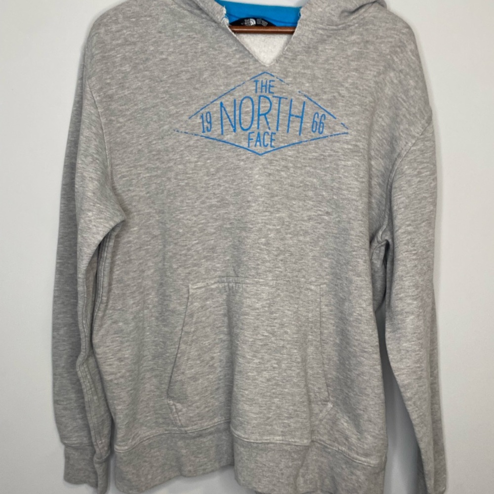 The North Face Gray Hoodie With Blue Decal Men’s Large
